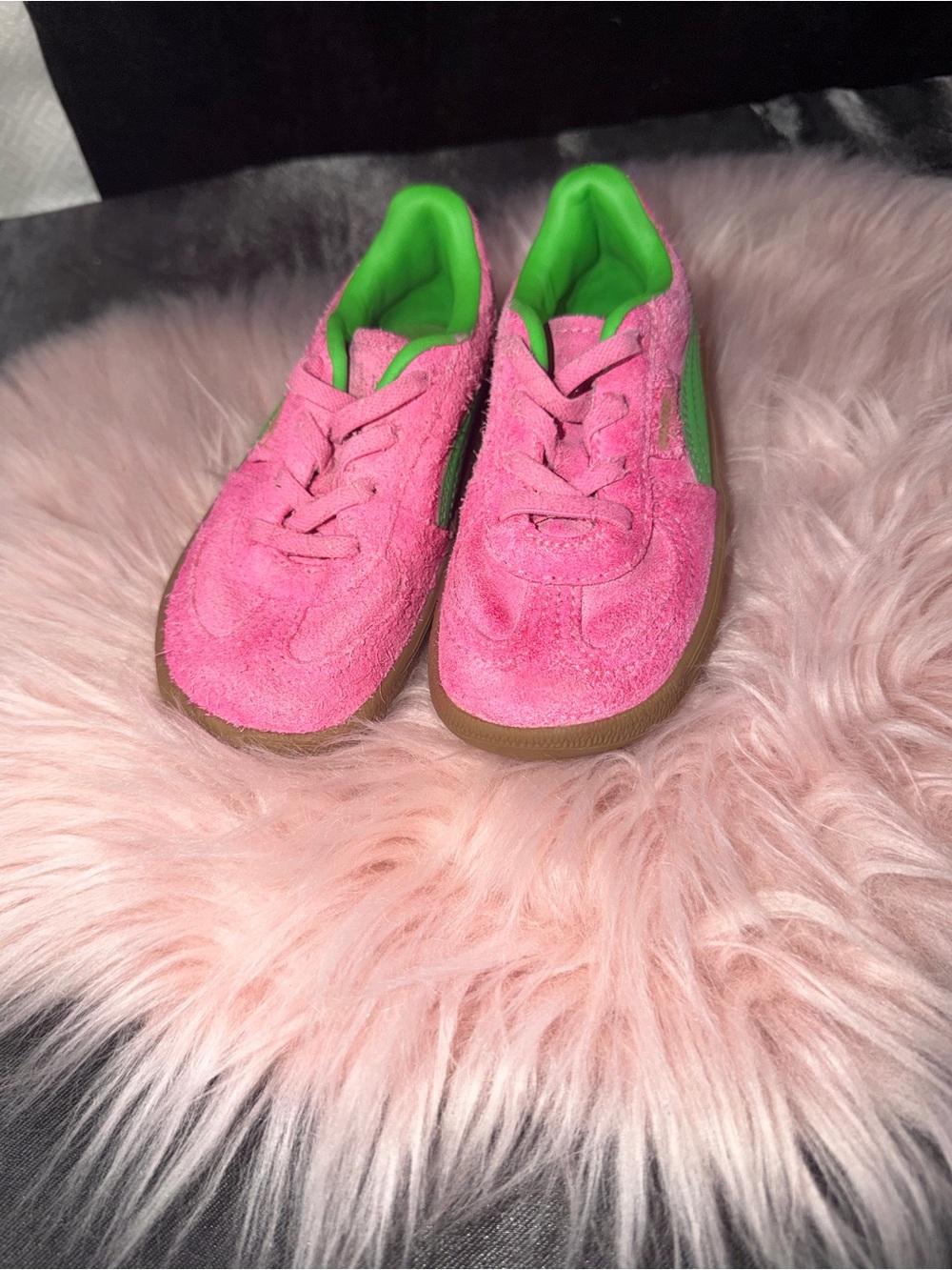 Puma Kids Pink Suede Sneakers with Green Lining